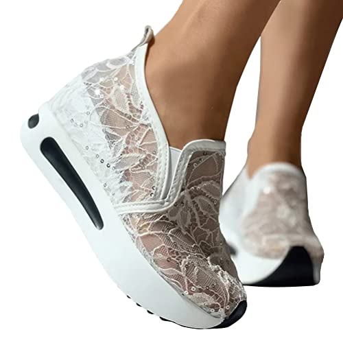 Minetom Sneaker Damen Pailletten Keilabsatz Schuhe Atmungsaktive Ausgeschnittene Spitze Stoffschuhe Frauen Laufschuhe Sommer Outdoor Slip On Walkingschuhe Glitzer Loafers F Weiß 40 EU von Minetom