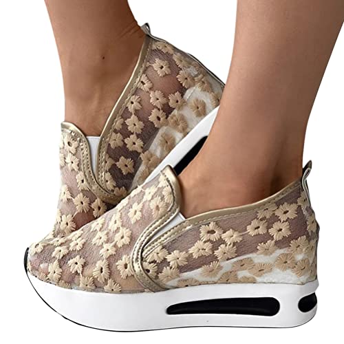 Minetom Sneaker Damen Pailletten Keilabsatz Schuhe Atmungsaktive Ausgeschnittene Spitze Stoffschuhe Frauen Laufschuhe Sommer Outdoor Slip On Walkingschuhe Glitzer Loafers G Gold 38 EU von Minetom