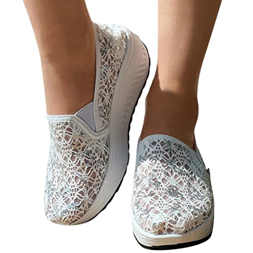 Minetom Sneaker Damen Pailletten Keilabsatz Schuhe Atmungsaktive Ausgeschnittene Spitze Stoffschuhe Frauen Laufschuhe Sommer Outdoor Slip On Walkingschuhe Glitzer Loafers H Weiß 36 EU von Minetom