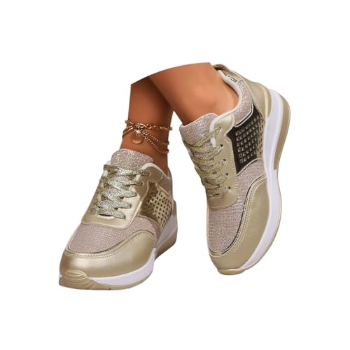 Minetom Sneaker Damen Pailletten Keilabsatz Sportschuhe Outdoor Walkingschuhe Fitness Glitzer Schnürer Schuhe A Gold 38 EU von Minetom