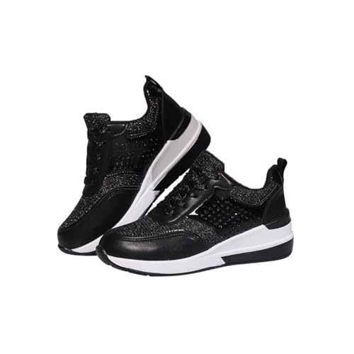 Minetom Sneaker Damen Pailletten Keilabsatz Sportschuhe Outdoor Walkingschuhe Fitness Glitzer Schnürer Schuhe A Schwarz 41 EU von Minetom