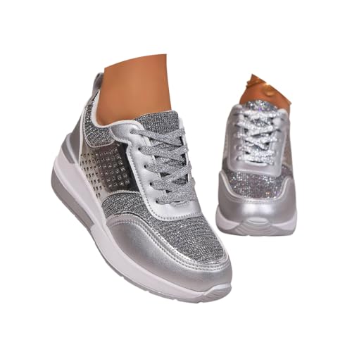 Minetom Sneaker Damen Pailletten Keilabsatz Sportschuhe Outdoor Walkingschuhe Fitness Glitzer Schnürer Schuhe A Silber 37 EU von Minetom