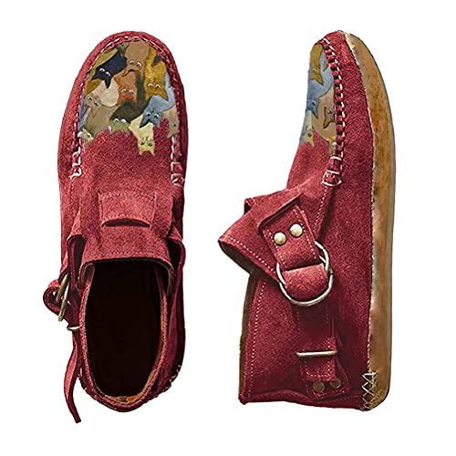 Minetom Sneakers Damen Loafers Lässige Flache Einzelschuhe Low Sneaker Turnschuhe Outdoor Schnalle Mokassins Schuhe Mit Katzen Print A Rot 38 EU von Minetom