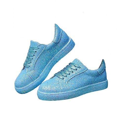 Minetom Sneakers Damen Pailletten Flache Low Sneaker Atmungsaktiv Glitzer Turnschuhe Outdoor Sportschuhe Laufschuhe Schuhe Schnürsenkel Walkingschuhe A Blau 41 EU von Minetom