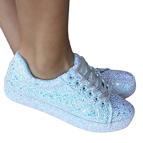 Minetom Sneakers Damen Pailletten Flache Low Sneaker Atmungsaktiv Glitzer Turnschuhe Outdoor Sportschuhe Laufschuhe Schuhe Schnürsenkel Walkingschuhe A Hellblau 41 EU von Minetom