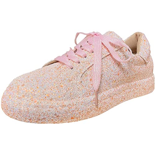 Minetom Sneakers Damen Pailletten Flache Low Sneaker Atmungsaktiv Glitzer Turnschuhe Outdoor Sportschuhe Laufschuhe Schuhe Schnürsenkel Walkingschuhe A Rosa 39 EU von Minetom