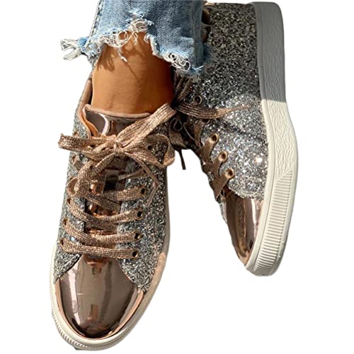 Minetom Sneakers Damen Pailletten Flache Low Sneaker Atmungsaktiv Glitzer Turnschuhe Outdoor Sportschuhe Laufschuhe Schuhe Schnürsenkel Walkingschuhe C Gold 39 EU von Minetom