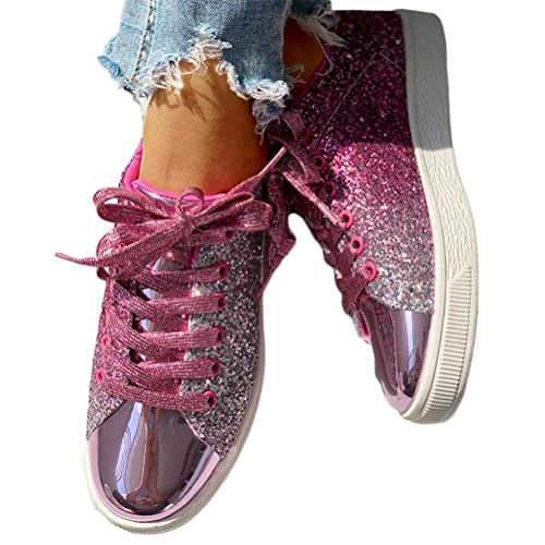 Minetom Sneakers Damen Pailletten Flache Low Sneaker Atmungsaktiv Glitzer Turnschuhe Outdoor Sportschuhe Laufschuhe Schuhe Schnürsenkel Walkingschuhe C Rosa 37 EU von Minetom