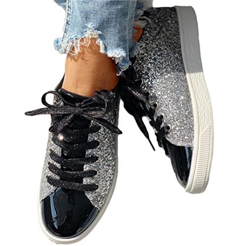 Minetom Sneakers Damen Pailletten Flache Low Sneaker Atmungsaktiv Glitzer Turnschuhe Outdoor Sportschuhe Laufschuhe Schuhe Schnürsenkel Walkingschuhe C Schwarz 36 EU von Minetom