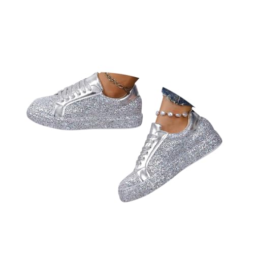 Minetom Sneakers Damen Pailletten Flache Low Sneaker Atmungsaktiv Glitzer Turnschuhe Outdoor Sportschuhe Laufschuhe Schuhe Schnürsenkel Walkingschuhe D Silber 41 EU von Minetom