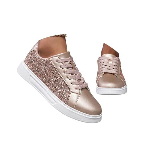 Minetom Sneakers Damen Pailletten Flache Low Sneaker Atmungsaktiv Glitzer Turnschuhe Outdoor Sportschuhe Laufschuhe Schuhe Schnürsenkel Walkingschuhe E Gold 40 EU von Minetom