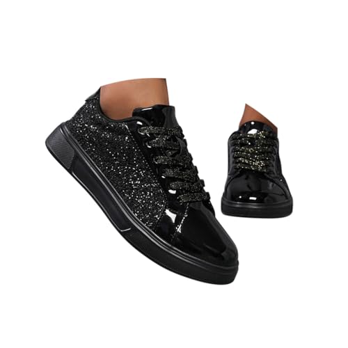Minetom Sneakers Damen Pailletten Flache Low Sneaker Atmungsaktiv Glitzer Turnschuhe Outdoor Sportschuhe Laufschuhe Schuhe Schnürsenkel Walkingschuhe E Schwarz 39 EU von Minetom