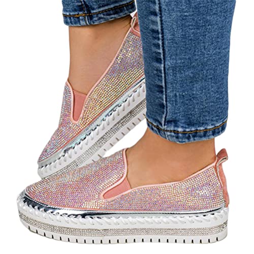 Minetom Sneakers Damen Pailletten Flache Low Strass Sneaker Glitzer Loafers Turnschuhe Outdoor Freizeitschuhe Laufschuhe Schuhe Slip On Walkingschuhe Slipper A Rosa 41 EU von Minetom