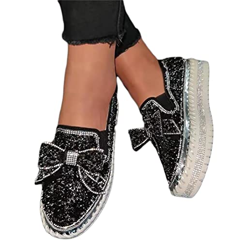 Minetom Sneakers Damen Pailletten Flache Low Strass Sneaker Glitzer Loafers Turnschuhe Outdoor Freizeitschuhe Laufschuhe Schuhe Slip On Walkingschuhe Slipper B Schwarz 37 EU von Minetom