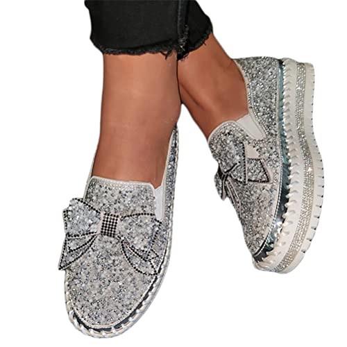 Minetom Sneakers Damen Pailletten Flache Low Strass Sneaker Glitzer Loafers Turnschuhe Outdoor Freizeitschuhe Laufschuhe Schuhe Slip On Walkingschuhe Slipper B Silber 42 EU von Minetom