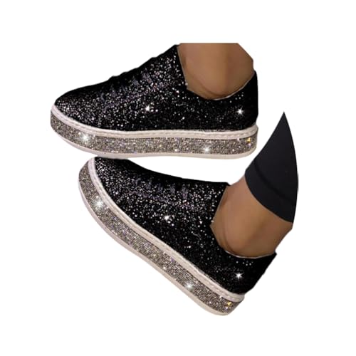Minetom Sneakers Damen Pailletten Flache Sneaker Atmungsaktiv Glitzer Turnschuhe Outdoor Sportschuhe Laufschuhe Schuhe Schnürsenkel Walkingschuhe B Schwarz 42 EU von Minetom