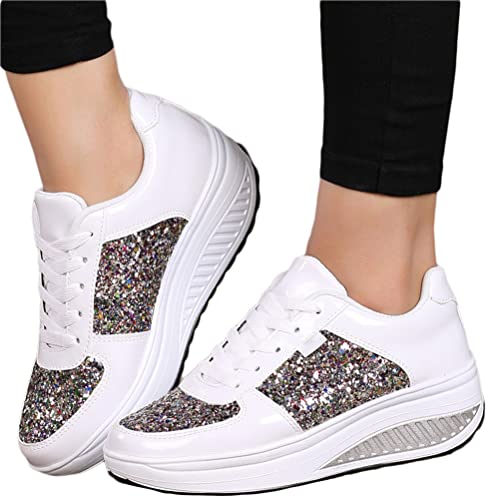 Minetom Sneakers Damen Pailletten Keilabsatz Sneaker Glitzer Turnschuhe Outdoor Sportschuhe Glänzende Dicker Laufschuhe Schuhe Schnürsenkel Walkingschuhe A Weiß 40 EU von Minetom