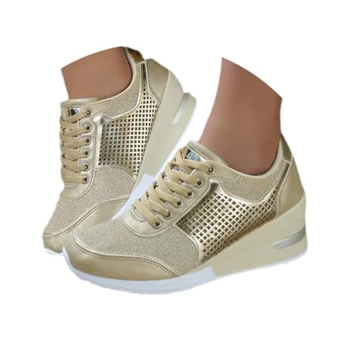 Minetom Sneakers Damen Pailletten Keilabsatz Sneaker Glitzer Turnschuhe Outdoor Sportschuhe Glänzende Dicker Laufschuhe Schuhe Schnürsenkel Walkingschuhe C Gold 35 EU von Minetom