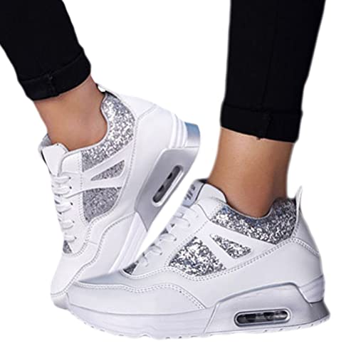 Minetom Sneakers Damen Pailletten Keilabsatz Sneaker Glitzer Turnschuhe Outdoor Sportschuhe Glänzende Dicker Laufschuhe Schuhe Schnürsenkel Walkingschuhe D Weiß 39 EU von Minetom