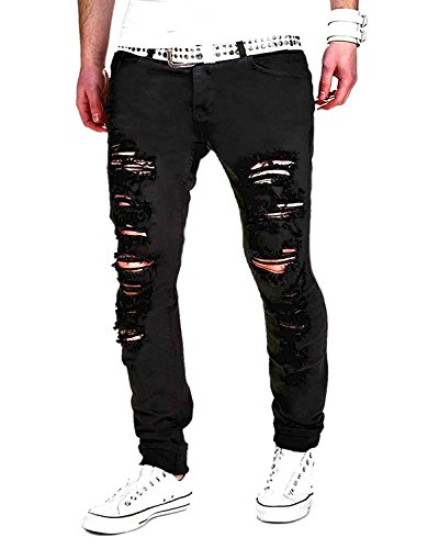 Minetom Sommer Herren Mode Casual Lange Jeans Hose Straight Slim Fit Destroyed Zerrissen Jeans mit Taschen Freizeithosen (EU L, Schwarz) von Minetom