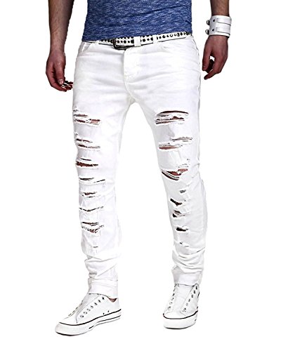 Minetom Sommer Herren Mode Casual Lange Jeans Hose Straight Slim Fit Destroyed Zerrissen Jeans mit Taschen Freizeithosen Weiß EU L von Minetom