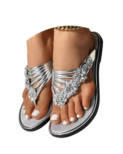 Minetom Sommer Pantoletten Damen Sandalen Flip Flops Elegant Zehentrenner Blumen Glitzer Strasssteine Open Toe Sandaletten Weiche Fußbett Pool Meer Strand Outdoor A Silber 39 EU von Minetom