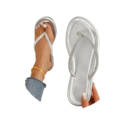 Minetom Sommer Sandalen Flach Flip Flops Damen Flach Zehentrenner Glitzer Strasssteine Sandaletten Pool Meer Strand Outdoor Sommerschuhe A Silber 42 EU von Minetom