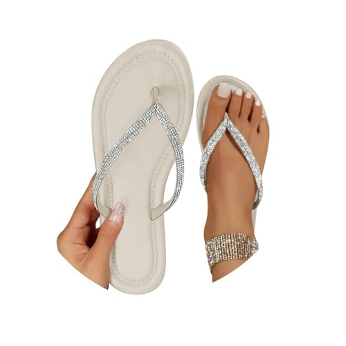 Minetom Sommer Sandalen Flach Flip Flops Damen Flach Zehentrenner Glitzer Strasssteine Sandaletten Pool Meer Strand Outdoor Sommerschuhe A1 Weiß 36 EU von Minetom