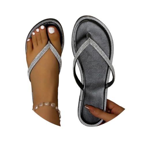 Minetom Sommer Sandalen Flach Flip Flops Damen Flach Zehentrenner Glitzer Strasssteine Sandaletten Pool Meer Strand Outdoor Sommerschuhe B Schwarz 39 EU von Minetom