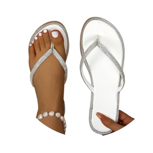 Minetom Sommer Sandalen Flach Flip Flops Damen Flach Zehentrenner Glitzer Strasssteine Sandaletten Pool Meer Strand Outdoor Sommerschuhe B Weiß 36 EU von Minetom