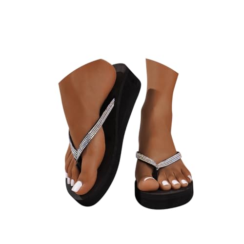 Minetom Sommer Sandalen Keilabsatz Flip Flops Damen Elegant Zehentrenner Glitzer Strasssteine Sandaletten Weiche Fußbett Pool Meer Strand Outdoor A Schwarz 36/37 EU von Minetom