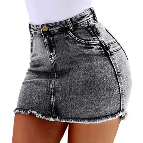 Minetom Sommer Stretch Jeans Minirock Damen Mode Jeans Röcke Sexy Bequeme Hohe Taille Denim Kurz Rock Mit Taschen A Grau Large von Minetom