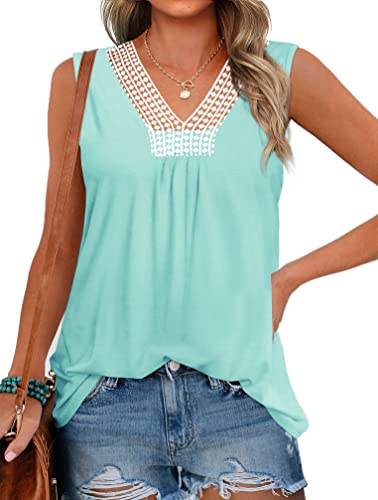 Minetom Sommer Tank Tops für Damen Spitze V-Ausschnitt Oberteile Häkelspitze Blusentops Ärmellose T-Shirt Elegant Einfarbig Shirt Spitzen Top Grün XXL von Minetom