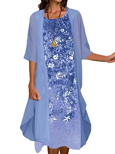 Minetom Sommerkleid Damen Ärmelloses Rundhals Kleid Lockeres Strandkleid Kleider Sommer Abendkleider Für Hochzeit Chiffon Strickjacke Zweiteiliges Kleid Set G Blau XL von Minetom