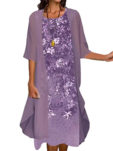 Minetom Sommerkleid Damen Ärmelloses Rundhals Kleid Lockeres Strandkleid Kleider Sommer Abendkleider Für Hochzeit Chiffon Strickjacke Zweiteiliges Kleid Set G Violett L von Minetom