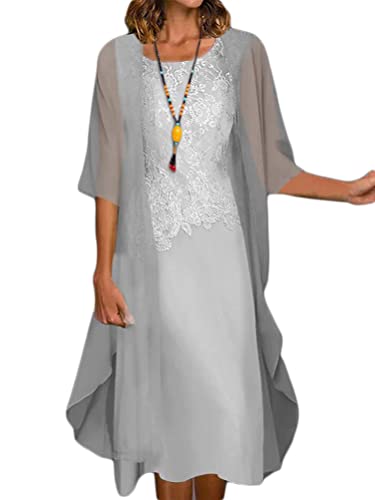 Minetom Sommerkleid Damen Ärmelloses Rundhals Kleid Lockeres Strandkleid Kleider Sommer Abendkleider Für Hochzeit Langarm Chiffon Strickjacke Zweiteiliges Kleid Set A5 Grau 3XL von Minetom