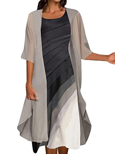 Minetom Sommerkleid Damen Ärmelloses Rundhals Kleid Lockeres Strandkleid Kleider Sommer Abendkleider Für Hochzeit Langarm Chiffon Strickjacke Zweiteiliges Kleid Set B Grau XS von Minetom