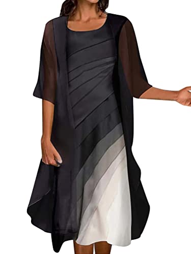 Minetom Sommerkleid Damen Ärmelloses Rundhals Kleid Lockeres Strandkleid Kleider Sommer Abendkleider Für Hochzeit Langarm Chiffon Strickjacke Zweiteiliges Kleid Set B Schwarz 2 L von Minetom