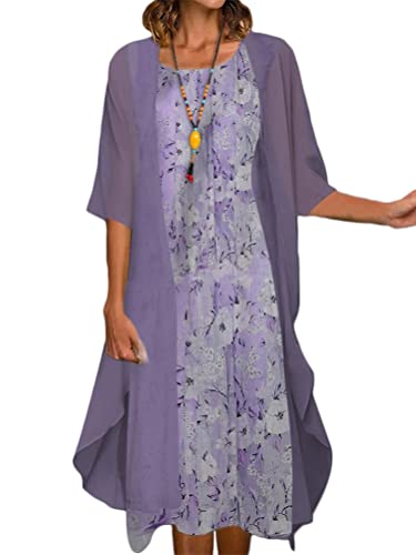 Minetom Sommerkleid Damen Ärmelloses Rundhals Kleid Lockeres Strandkleid Kleider Sommer Abendkleider Für Hochzeit Langarm Chiffon Strickjacke Zweiteiliges Kleid Set B2 Violett XL von Minetom