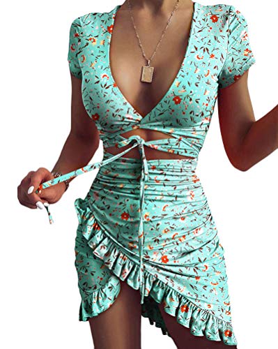 Minetom Sommerkleid Damen Blumen Kurzarm Strandkleid V-Ausschnitt Bohemian Sexy Boho Tunika Kurzes Kleid Blumenkleid Minikleid mit Träger A Grün S von Minetom