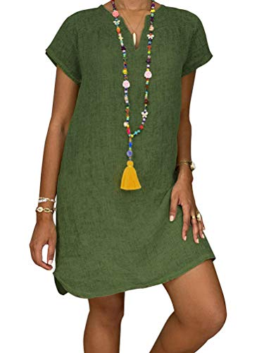 Minetom Sommerkleid Damen Casual Einfarbig T-Shirt Kleid Kurzarm V-Ausschnitt Leinen Kleider Lose A-Linie Strandkleider A Armeegrün DE 48 von Minetom