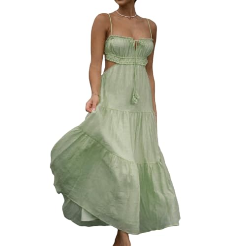 Minetom Sommerkleid Damen Lang Maxikleid Kleid Elegant Spaghettiträger Freizeitkleid Für Hochzeitsgäste Rückenfrei Strandkleid A Grün M von Minetom