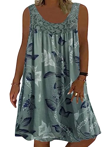 Minetom Sommerkleid Damen Rundhals Spitze Druck Strandkleid A-Linie Kleid Boho Knielang Kleider Ärmellos T-Shirt Kleid A1 Armeegrün L von Minetom