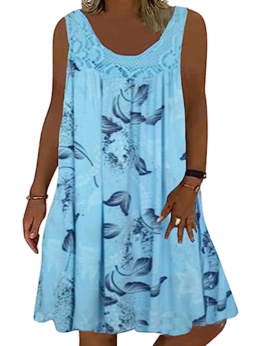 Minetom Sommerkleid Damen Rundhals Spitze Druck Strandkleid A-Linie Kleid Boho Knielang Kleider Ärmellos T-Shirt Kleid A1 Blau XXL von Minetom