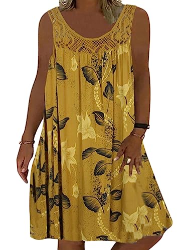 Minetom Sommerkleid Damen Rundhals Spitze Druck Strandkleid A-Linie Kleid Boho Knielang Kleider Ärmellos T-Shirt Kleid A1 Gelb 3XL von Minetom