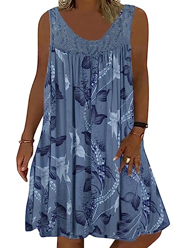 Minetom Sommerkleid Damen Rundhals Spitze Druck Strandkleid A-Linie Kleid Boho Knielang Kleider Ärmellos T-Shirt Kleid A1 Grau 3XL von Minetom