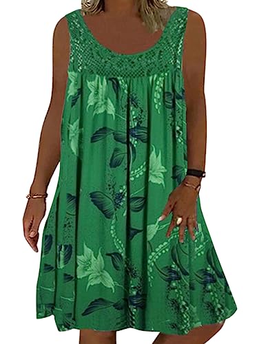 Minetom Sommerkleid Damen Rundhals Spitze Druck Strandkleid A-Linie Kleid Boho Knielang Kleider Ärmellos T-Shirt Kleid A1 Grün XL von Minetom