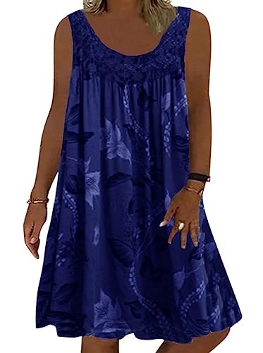 Minetom Sommerkleid Damen Rundhals Spitze Druck Strandkleid A-Linie Kleid Boho Knielang Kleider Ärmellos T-Shirt Kleid A1 Marine XXL von Minetom