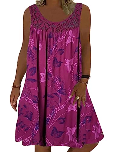 Minetom Sommerkleid Damen Rundhals Spitze Druck Strandkleid A-Linie Kleid Boho Knielang Kleider Ärmellos T-Shirt Kleid A1 Rose XXL von Minetom