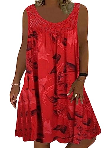Minetom Sommerkleid Damen Rundhals Spitze Druck Strandkleid A-Linie Kleid Boho Knielang Kleider Ärmellos T-Shirt Kleid A1 Rot L von Minetom